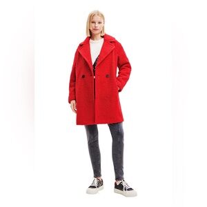 NWT Desigual Double Breasted Bouclé Coat Red XL